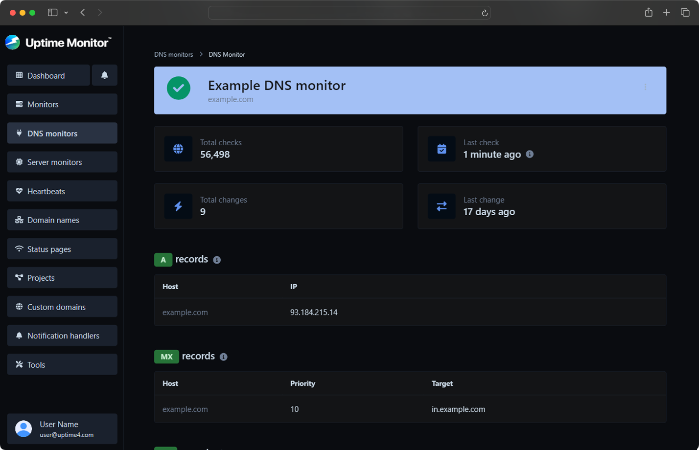 Screenshot of the app DNS monitor page