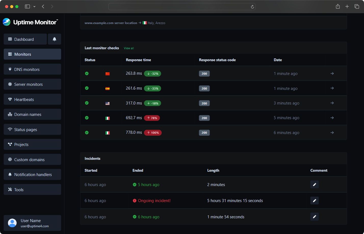 Screenshot of the app monitors incidents page