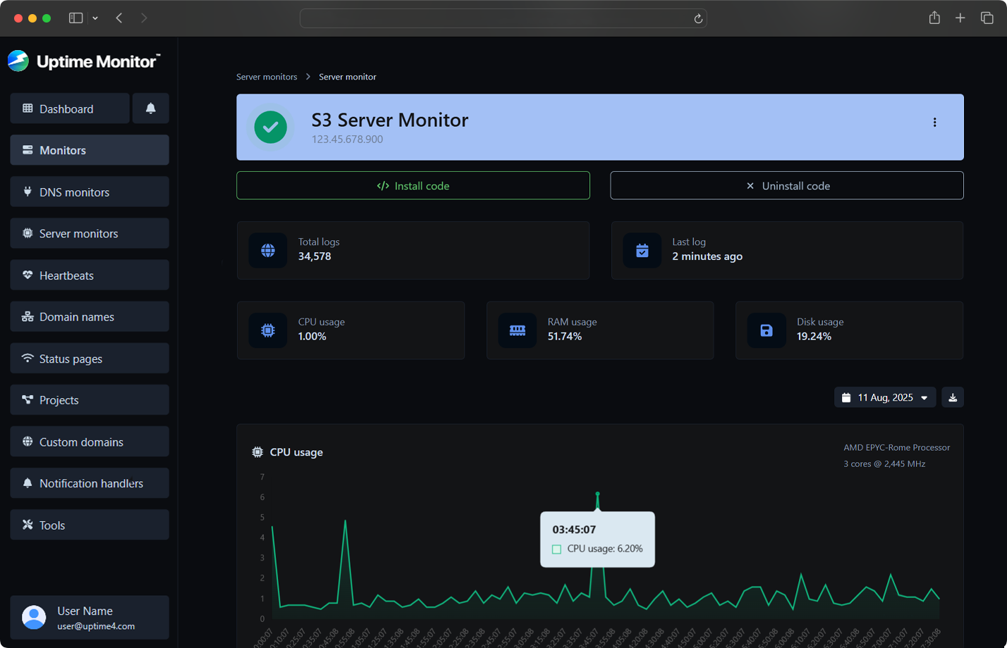Screenshot of the app server monitor page